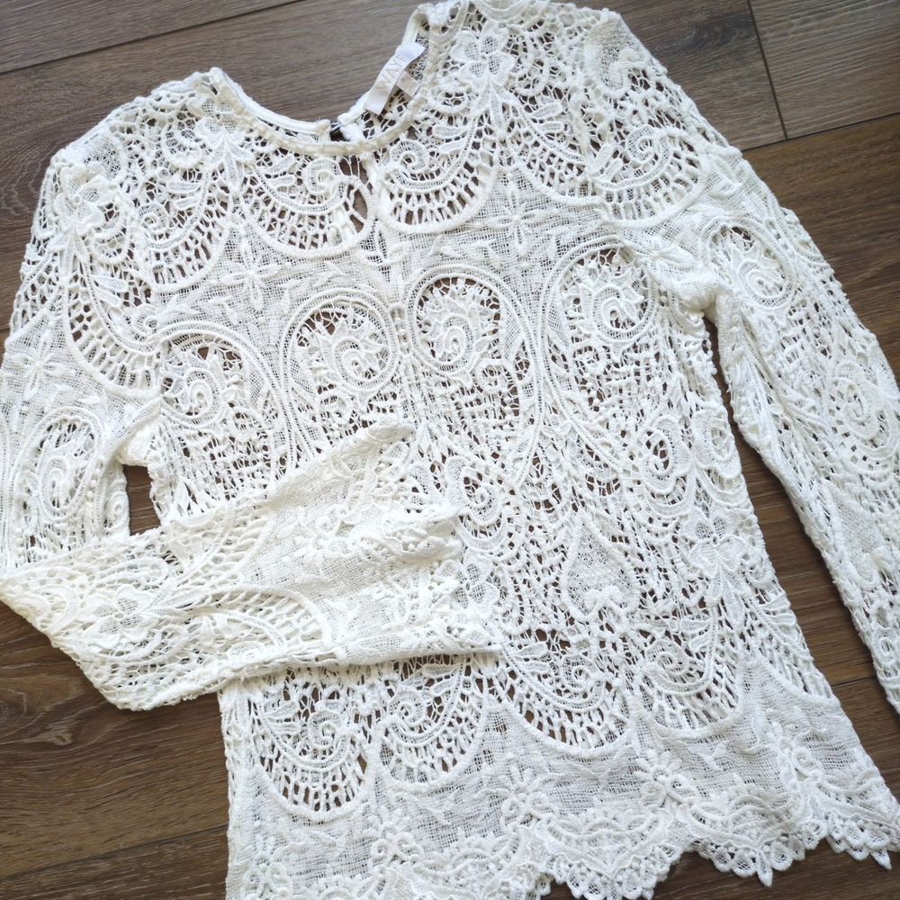 WAYF Sheer Lace Blouse Shirt - Cream Bell Long Sleeve Boho Fairycore Festival S